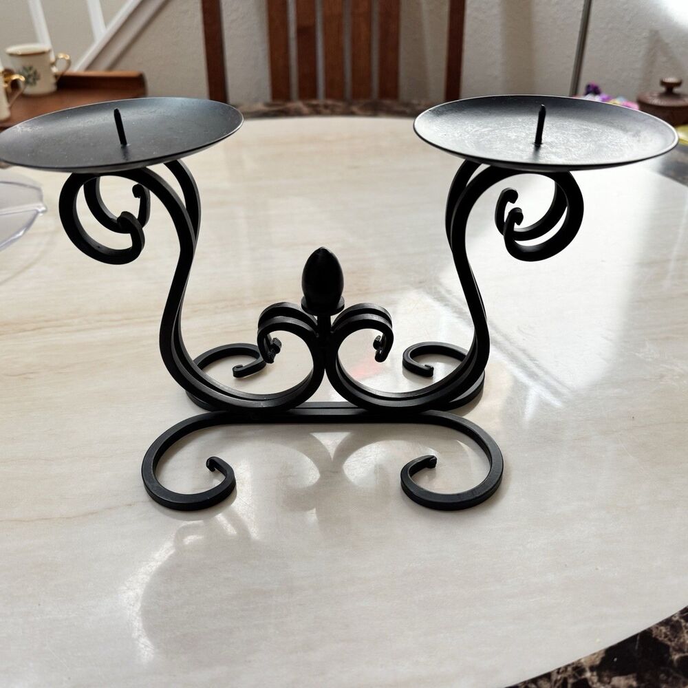 Vintage Dark Bronze Iron Double Candle Holder Scrollwork Metal Table Decor